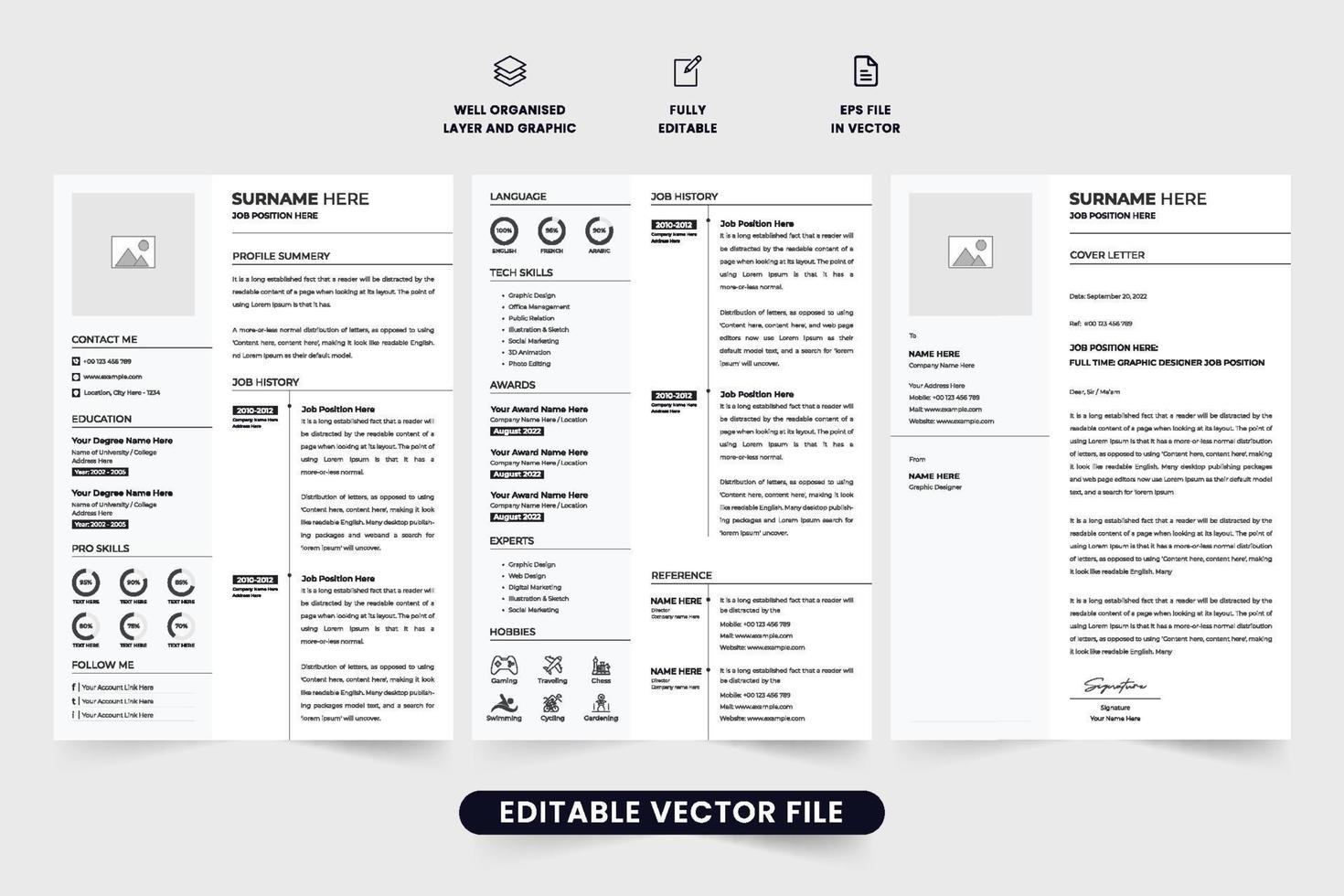 Simple job application CV template with experience and skill section for the corporate office. Resume template design with photo placeholders. Office employment CV layout vector with a cover letter.