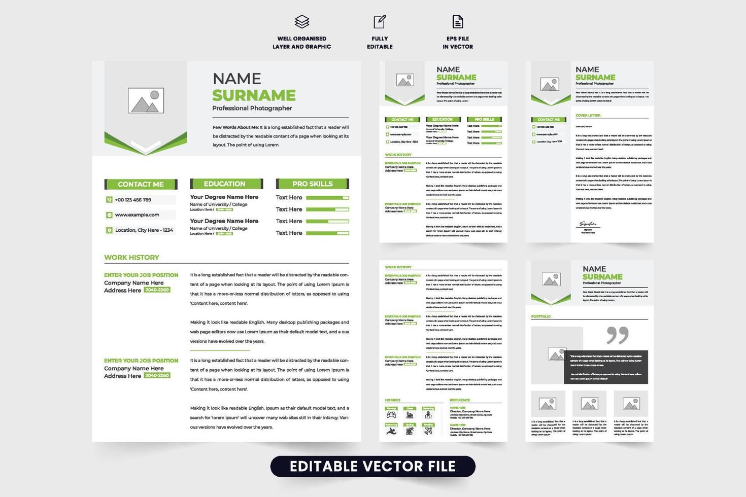 Professional employee CV and profile layout vector with green and dark colors. Employment resume template design with a cover letter. Modern CV layout and portfolio template with photo placeholders.