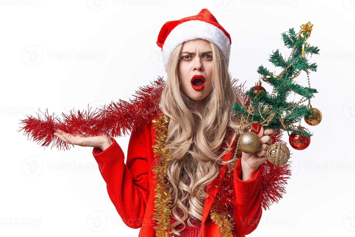 woman wearing santa costume toys decoration light background photo