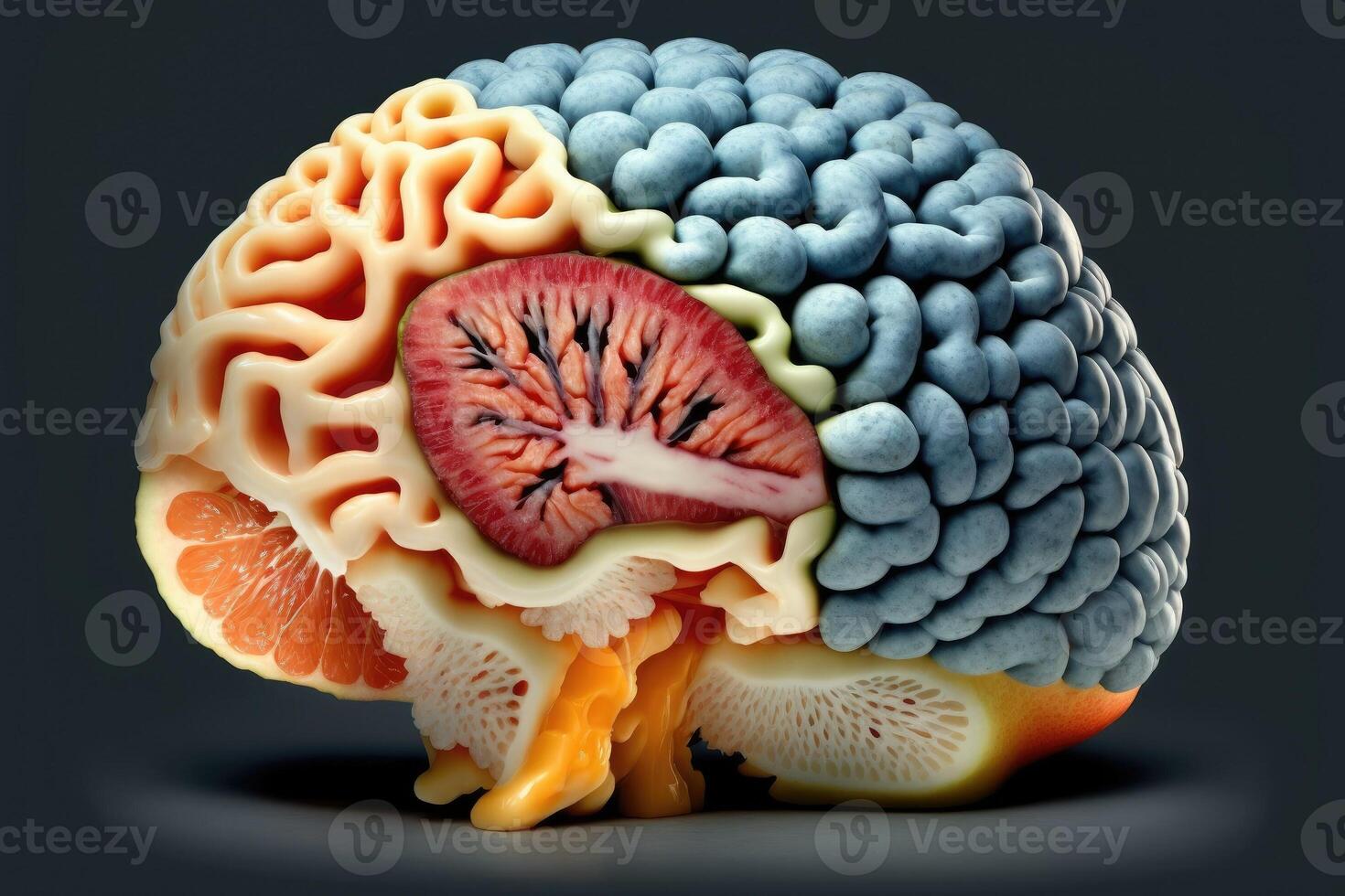 Human brain made of fruit on black background, proper nutrition and useful vitamins for health, copy space, . photo