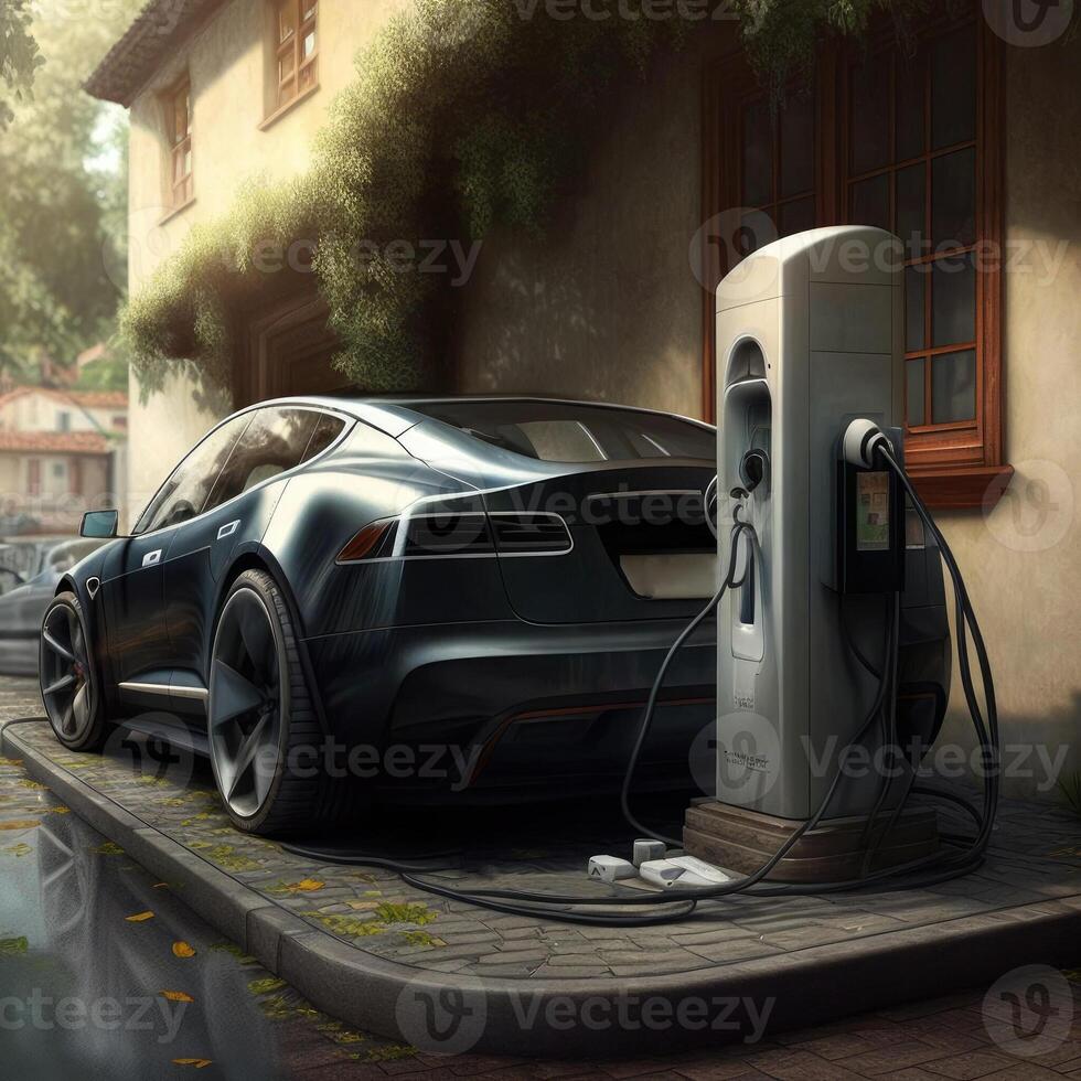 A charging station for electric cars, a car of the present and the future, an environmentally friendly car, . photo