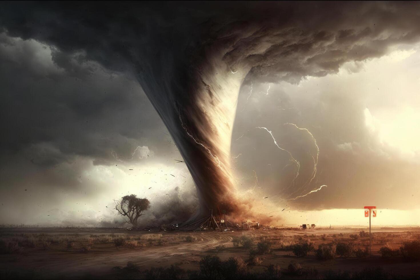 un grande tornado en el campo, un grande natural desastre en el mundo, generativo ai. foto