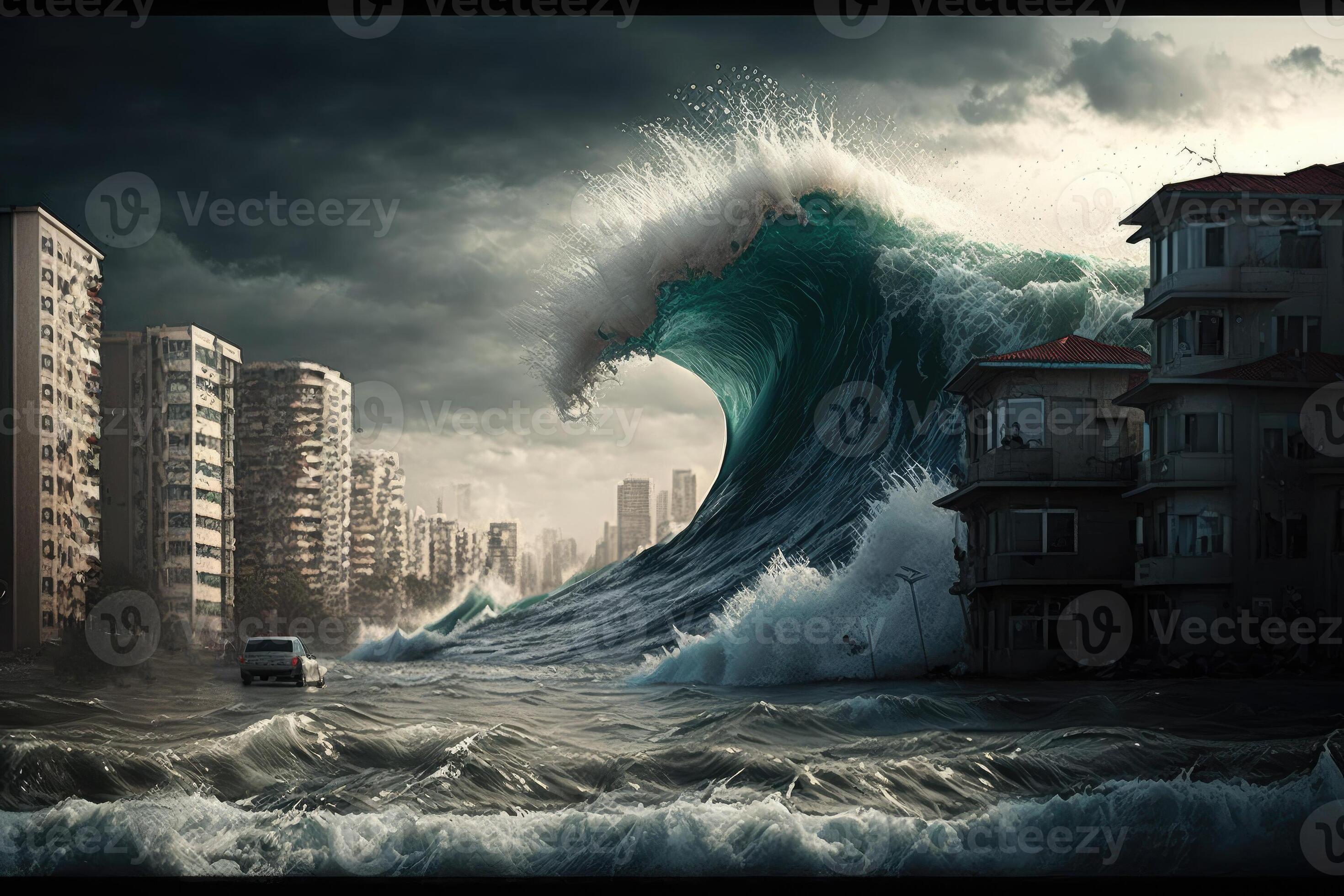 A large wave of water is approaching the city, a tsunami is