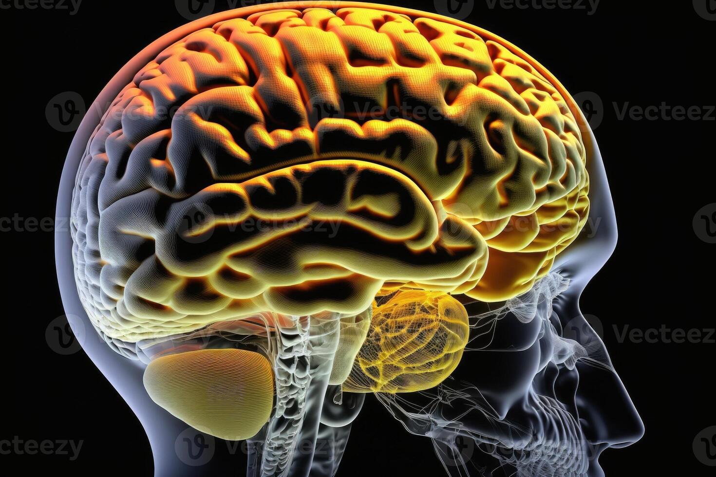Scanned human head in profile, bright orange brain and head and neck veins, . photo