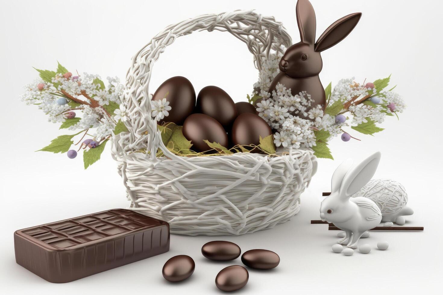 Traditional chocolate bunny and basket with Easter eggs, . photo