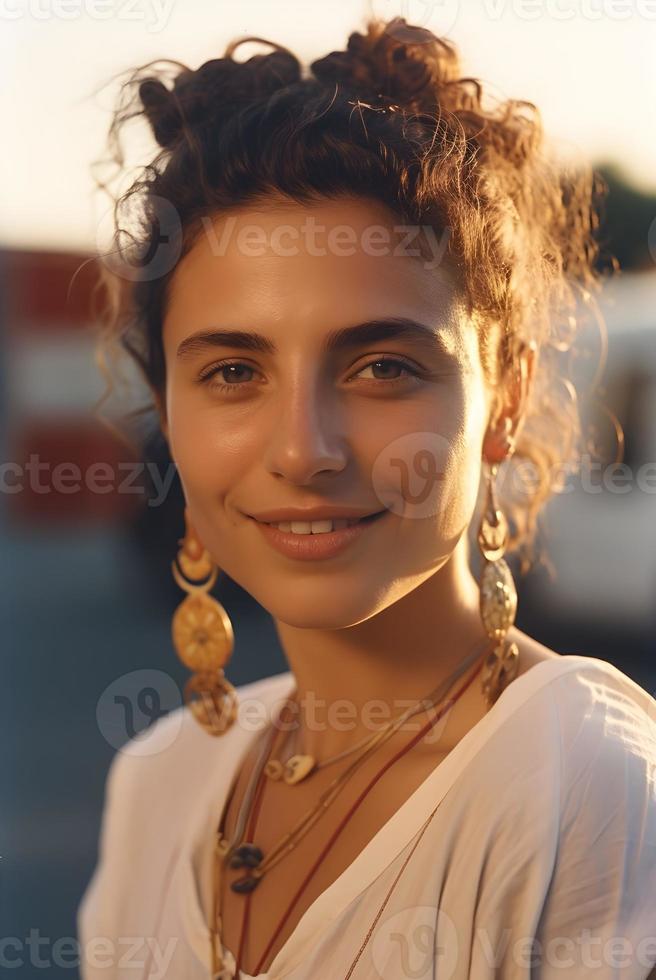 Portrait of beautiful young woman with curly hair, smiling and looking at camera. photo