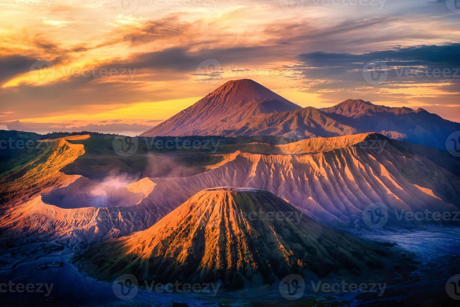 Mount Bromo volcano at sunrise with colorful sky background in Bromo Tengger Semeru National Park, East Java, Indonesia. photo
