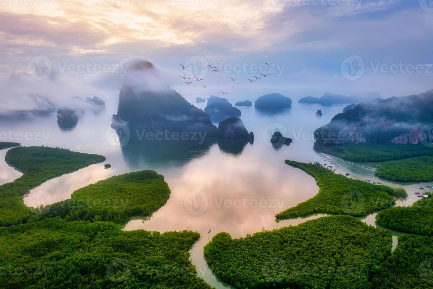 Aerial view of Phang Nga Bay in Samed Nang Chee viewpoint at sunrise, Phang Nga, Thailand photo