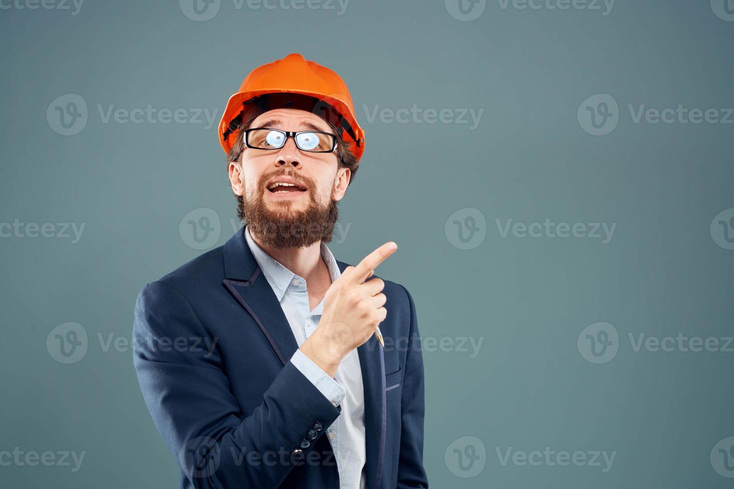 Cheerful man with glasses construction safety by industry professional lifestyle photo