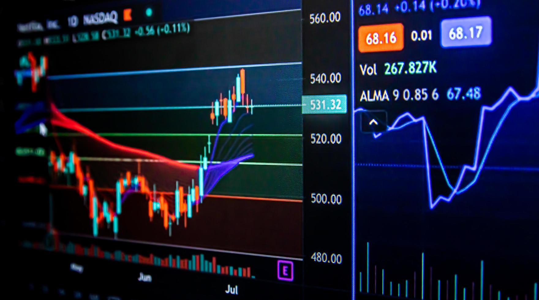 Stock market chart on digital screen. Business and financial investment concept. photo