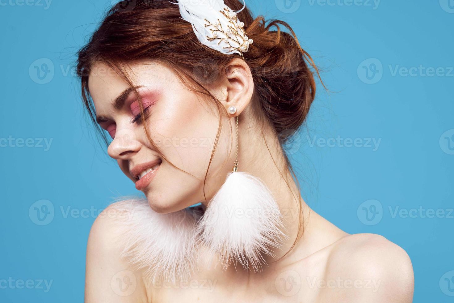 attractive woman bright makeup fluffy series fashion blue background photo