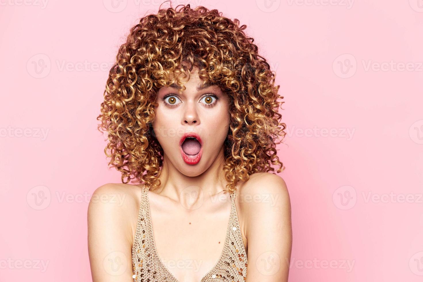 Sexy model Curly hair emotions surprised look open mouth 21988359 Stock
