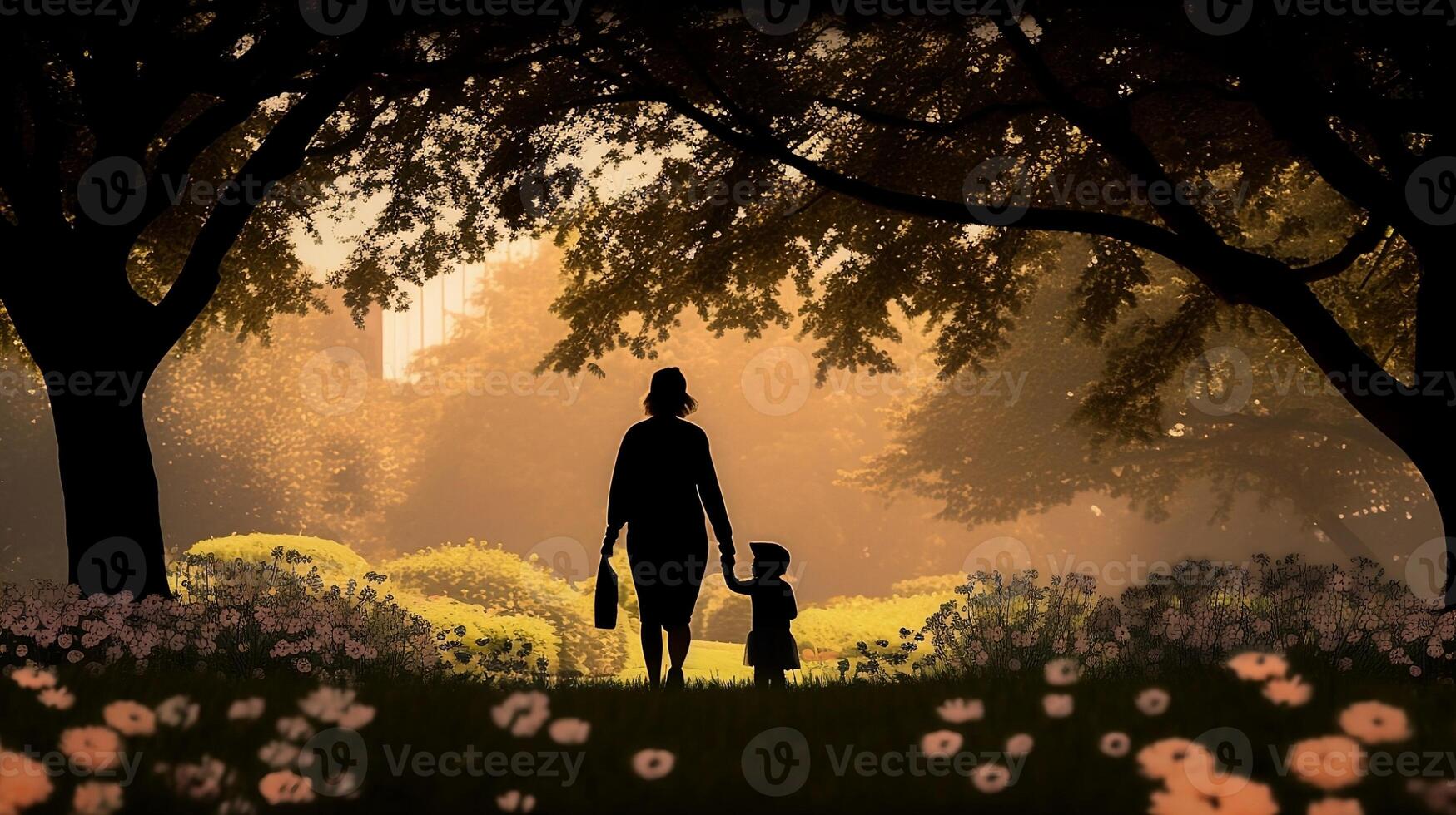 A Silhouette of a Mother and Child Holding Hands and Walking in a Park Surrounded by Blooming Flowers - photo
