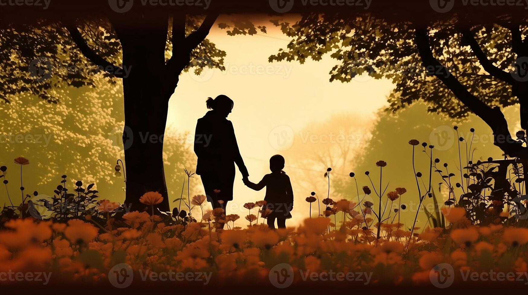 un silueta de un madre y niño participación manos y caminando en un parque rodeado por floreciente flores - ai generado foto