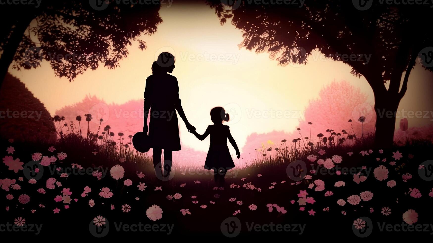 A Silhouette of a Mother and Child Holding Hands and Walking in a Park Surrounded by Blooming Flowers - photo