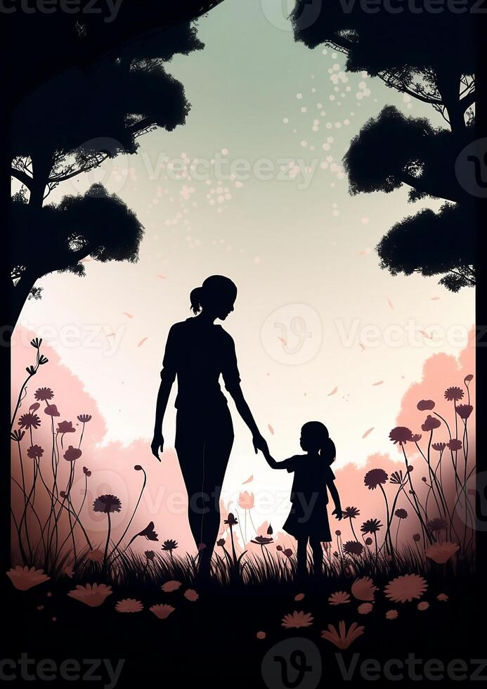 A Silhouette of a Mother and Child Holding Hands and Walking in a Park Surrounded by Blooming Flowers - photo