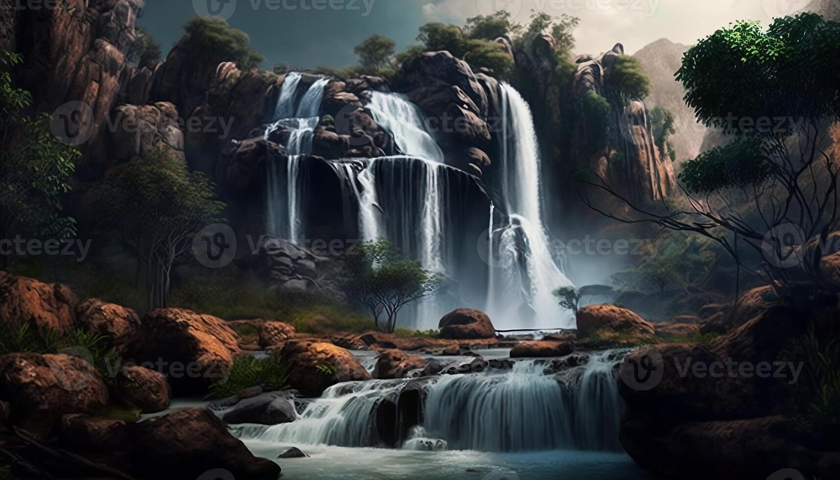 Waterfall Landscape Painting in Nature Background - photo