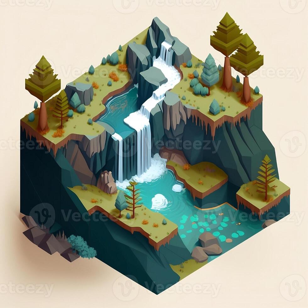 Isometric Waterfall In The Forest - photo