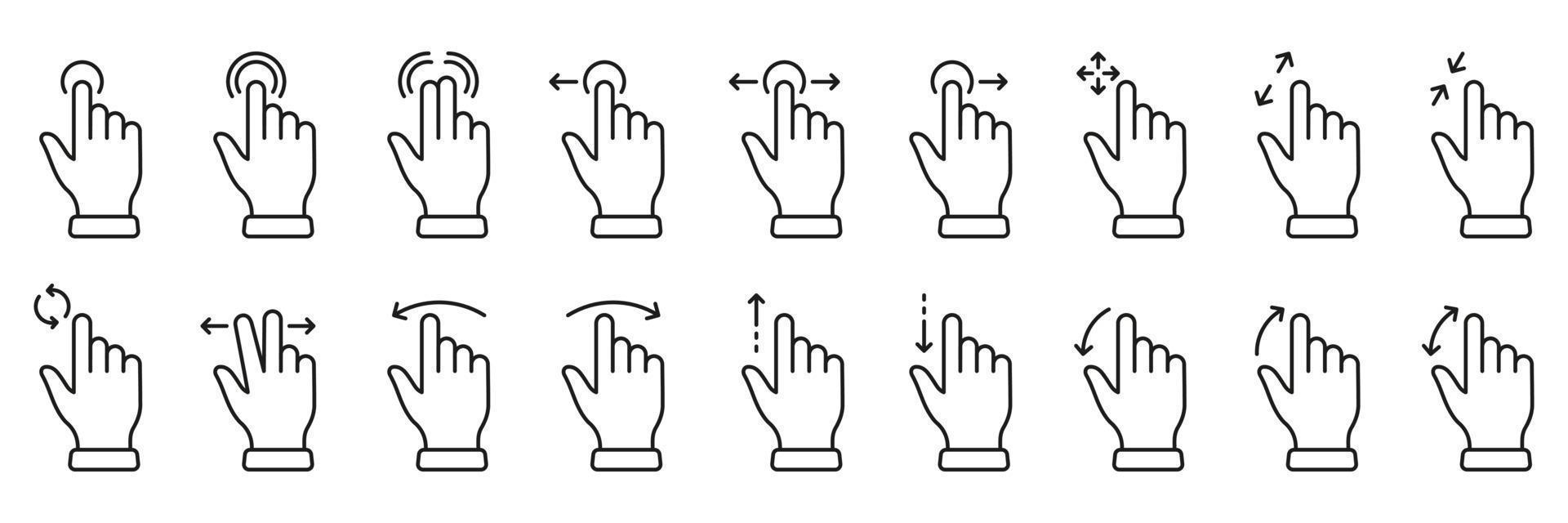 Gesture Slide Left and Right Line Icon Set. Hand Finger Touch, Swipe and Drag Linear Pictogram. Pinch Screen, Rotate Up Down on Screen Outline Sign. Editable Stroke. Isolated Vector Illustration.