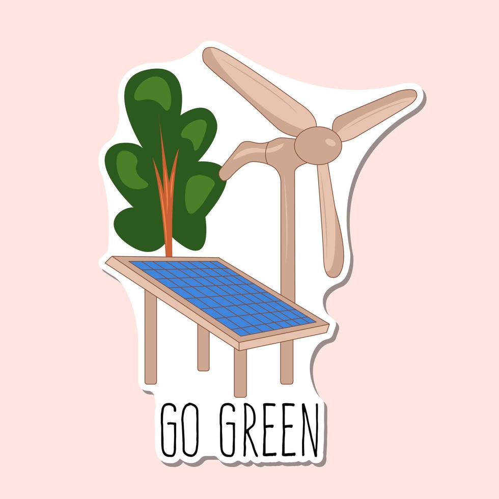 vector green energy generated by wind turbine and solar panel, sticker