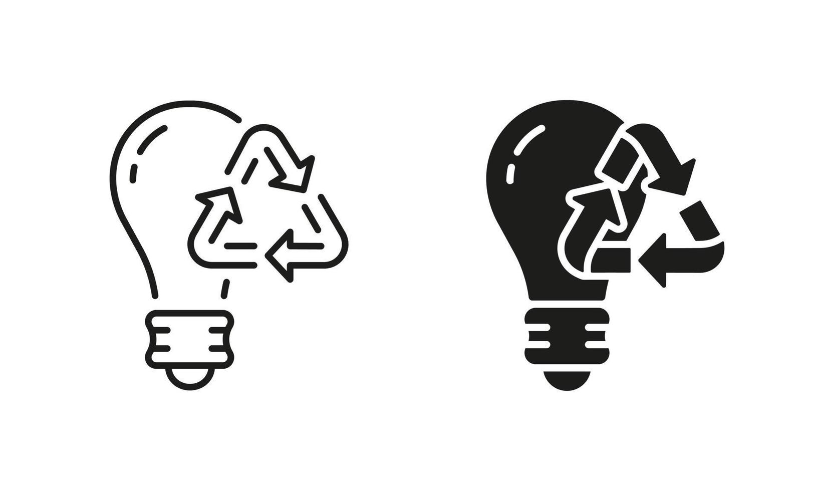 Lightbulb Renewable Electricity Resource Line and Silhouette Icon Set. Eco Biodegradable Light Bulb Pictogram. Low-Energy Lamp Symbol Collection on White Background. Isolated Vector Illustration.