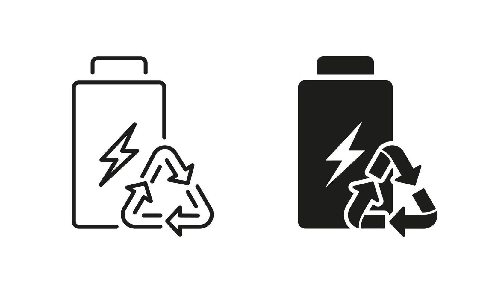 Eco Battery Renewable Electric Power Line and Silhouette Icon Set. Green Energy Ecological Accumulator with Triangle Arrows Symbol Collection on White Background. Isolated Vector Illustration.