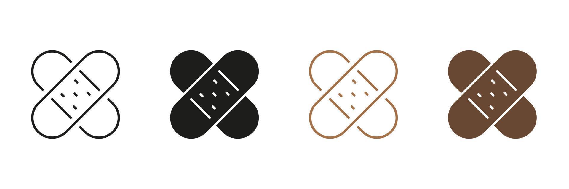 Sticky Bandage for Wound Recovery Pictogram. Tape for First Aid, Medical Plaster Line and Silhouette Icon Set. Adhesive Band, Emergency Black and Color Symbol Collection. Isolated Vector Illustration.