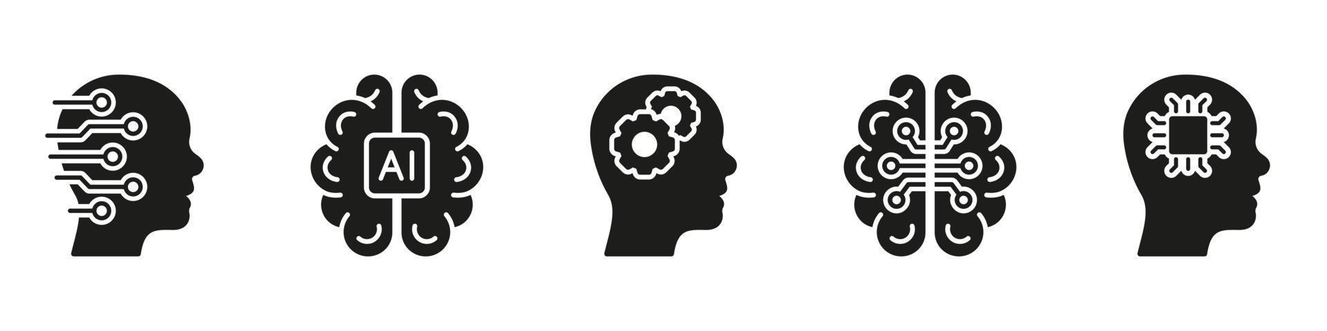 Cyber Education Glyph Symbol Collection on White Background. Intelligent Technology Solid Black Pictogram Set. Digital Science, Brainstorm, Human Head Silhouette Icons. Isolated Vector Illustration.