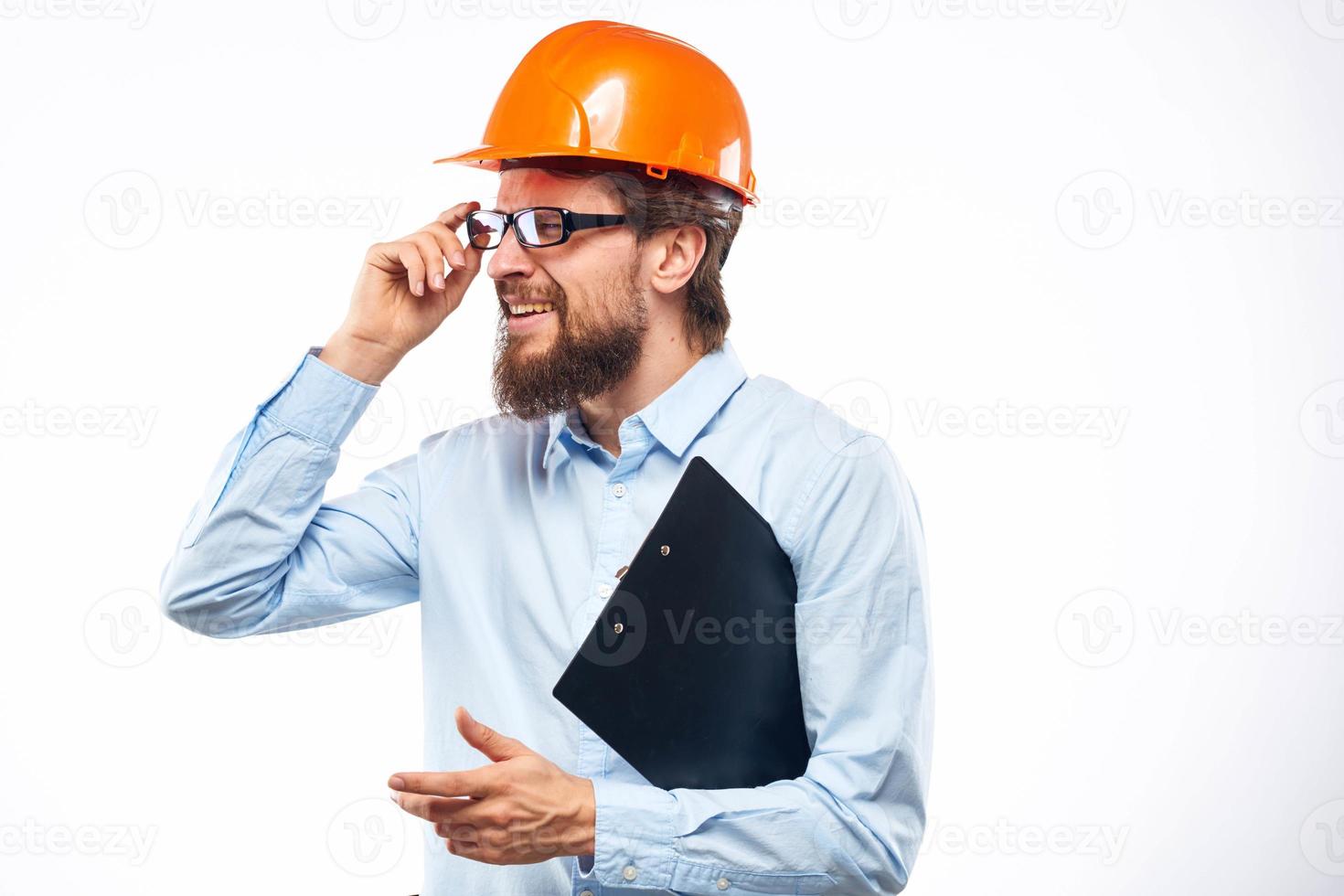 Business man in orange paint security documents providing services photo
