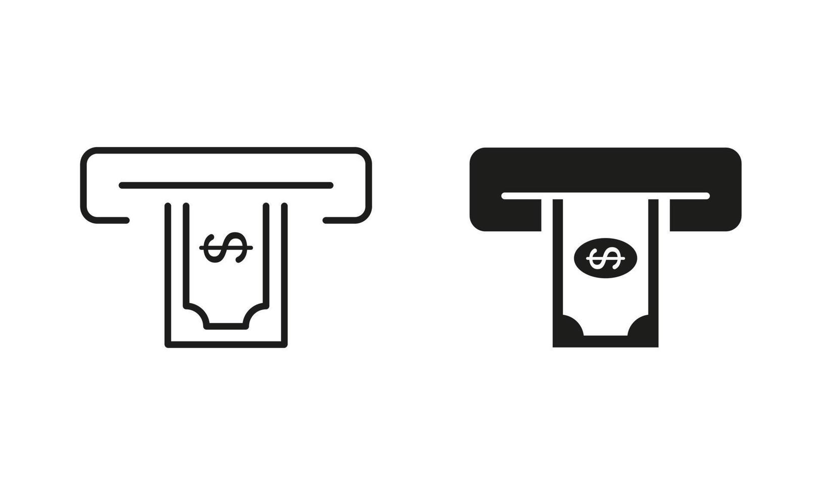 Withdraw Money in ATM Line and Silhouette Icon Set. Removing and Insert Cash to ATM Bank Service Pictogram. Payment Transaction Symbol Collection on White Background. Isolated Vector Illustration.