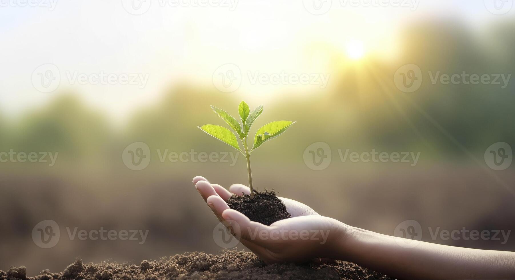 Hand holding small plant, created with photo