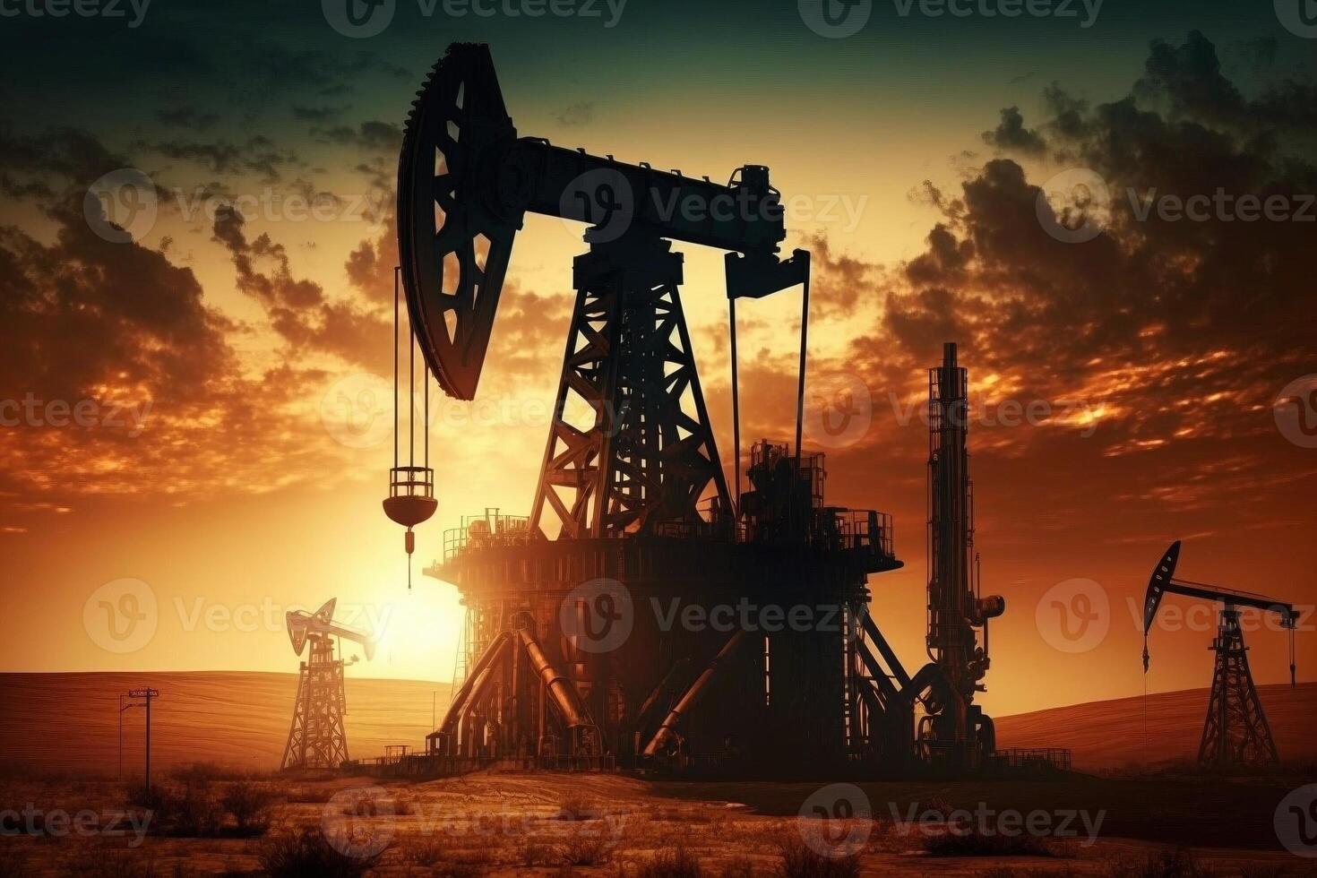 petróleo campo en el atardecer, creado con generativo ai foto