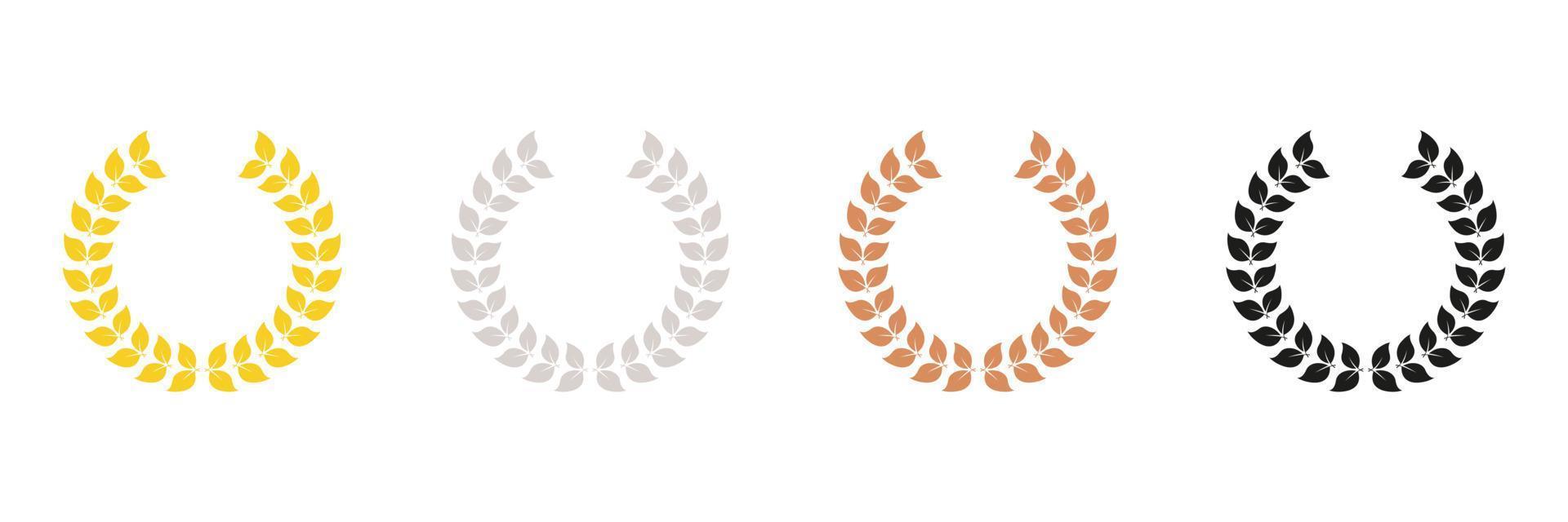 Laurel Wreath Silhouette Icon Set. Gold, Silver, Bronze, Black Leaf Award Glyph Pictogram. Circle Tree Branch Success Symbol. Winner Chaplet. Vintage Olive Leaves Emblem. Isolated Vector Illustration.