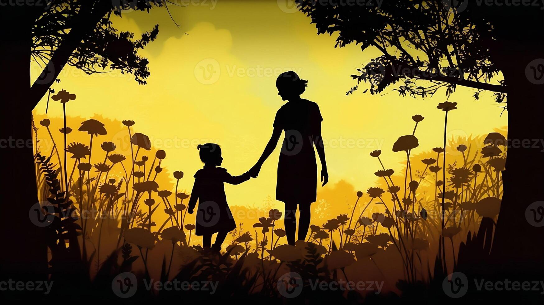 A Silhouette of a Mother and Child Holding Hands and Walking in a Park Surrounded by Blooming Flowers - photo