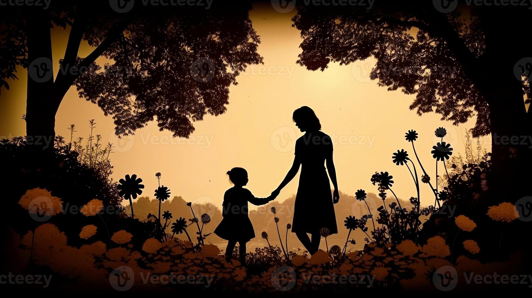 un silueta de un madre y niño participación manos y caminando en un parque rodeado por floreciente flores - ai generado foto