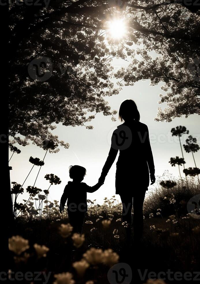 A Silhouette of a Mother and Child Holding Hands and Walking in a Park Surrounded by Blooming Flowers - photo