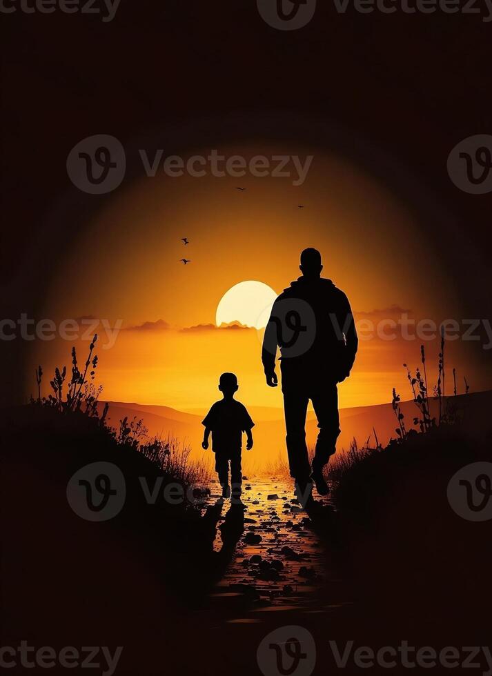 Silhouette Father and son Playing in The Sunset - photo