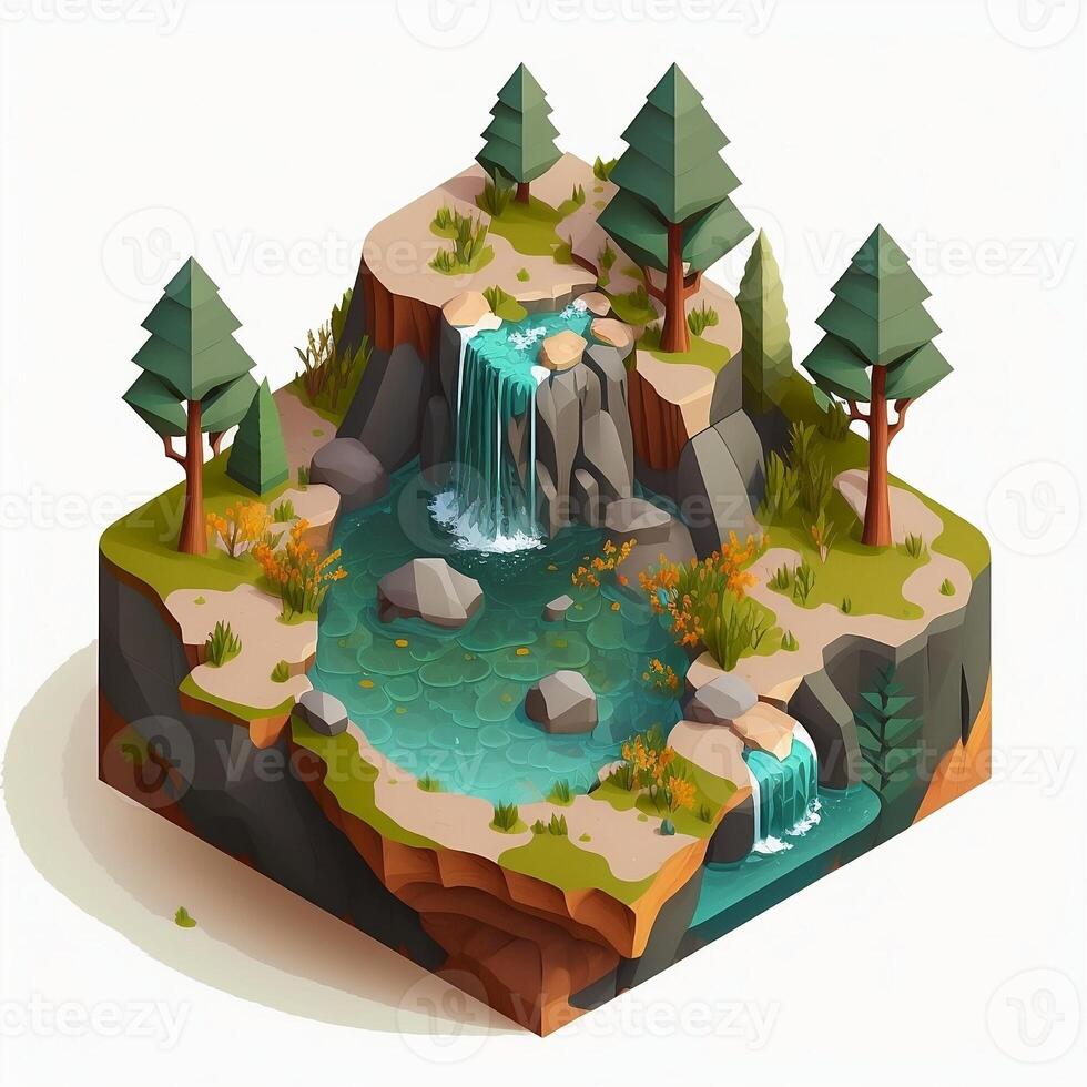 Isometric Waterfall In The Forest - photo