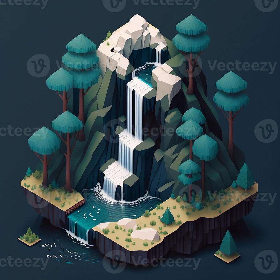 Isometric Waterfall In The Forest - photo