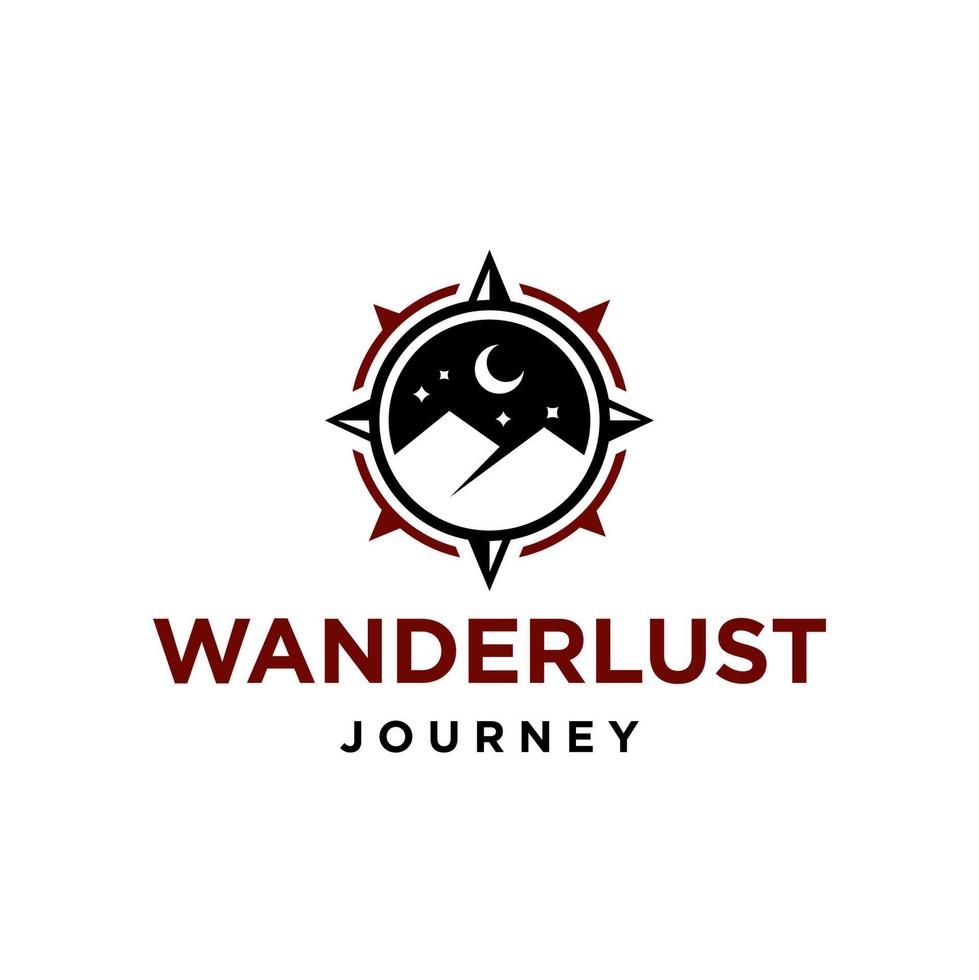 mountain with moon, stars and compass logo wanderlust Adventure logo. mountain with compass sun outdoor brand design icon logo illustration badge vector