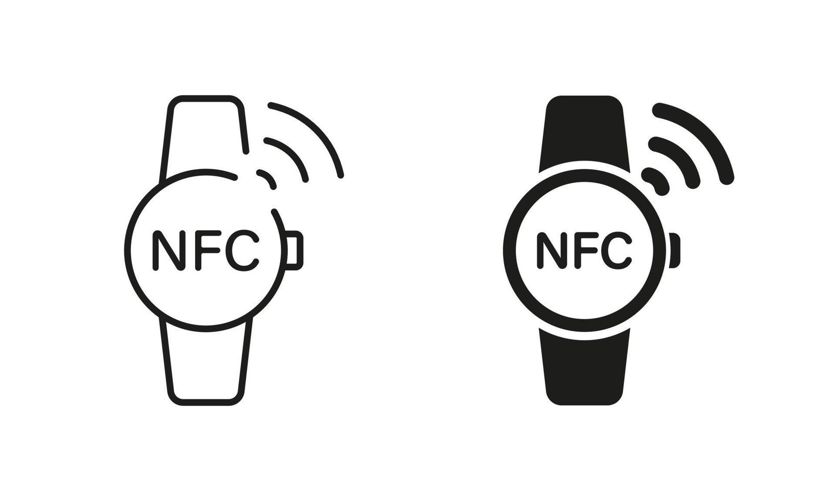 reloj inteligente con línea de tecnología nfc y conjunto de iconos de  silueta. pictograma de pulsera