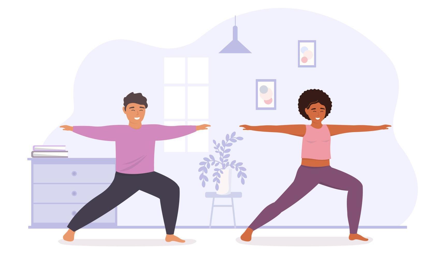 A man and a woman do yoga, gymnastics. The coach teaches physical exercises. The couple spends time together actively. Vector graphics.