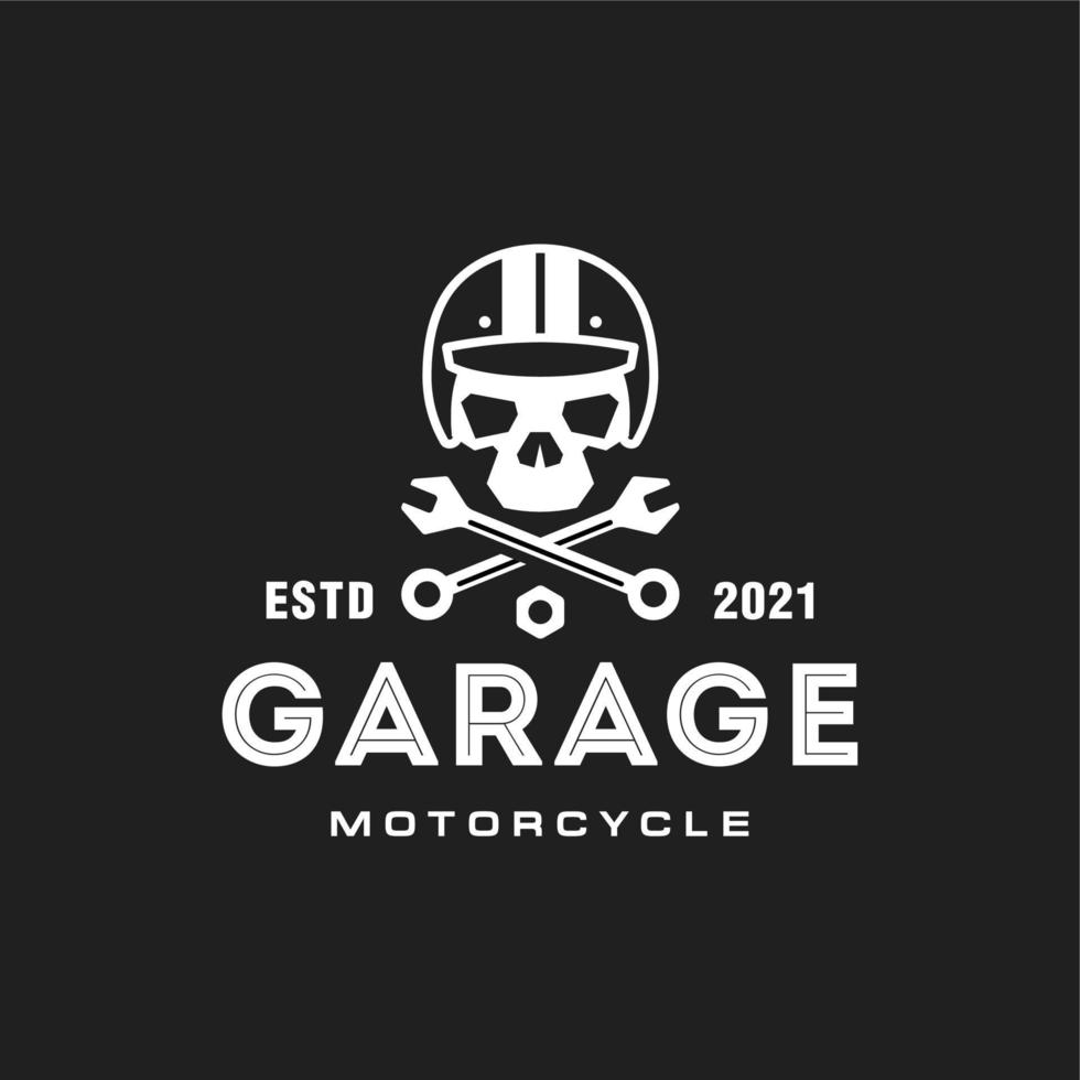 hipster clásico garaje logo, cráneo vistiendo casco motocicleta club logo vector icono en negro antecedentes. Clásico retro estilo personalizado esqueleto logo