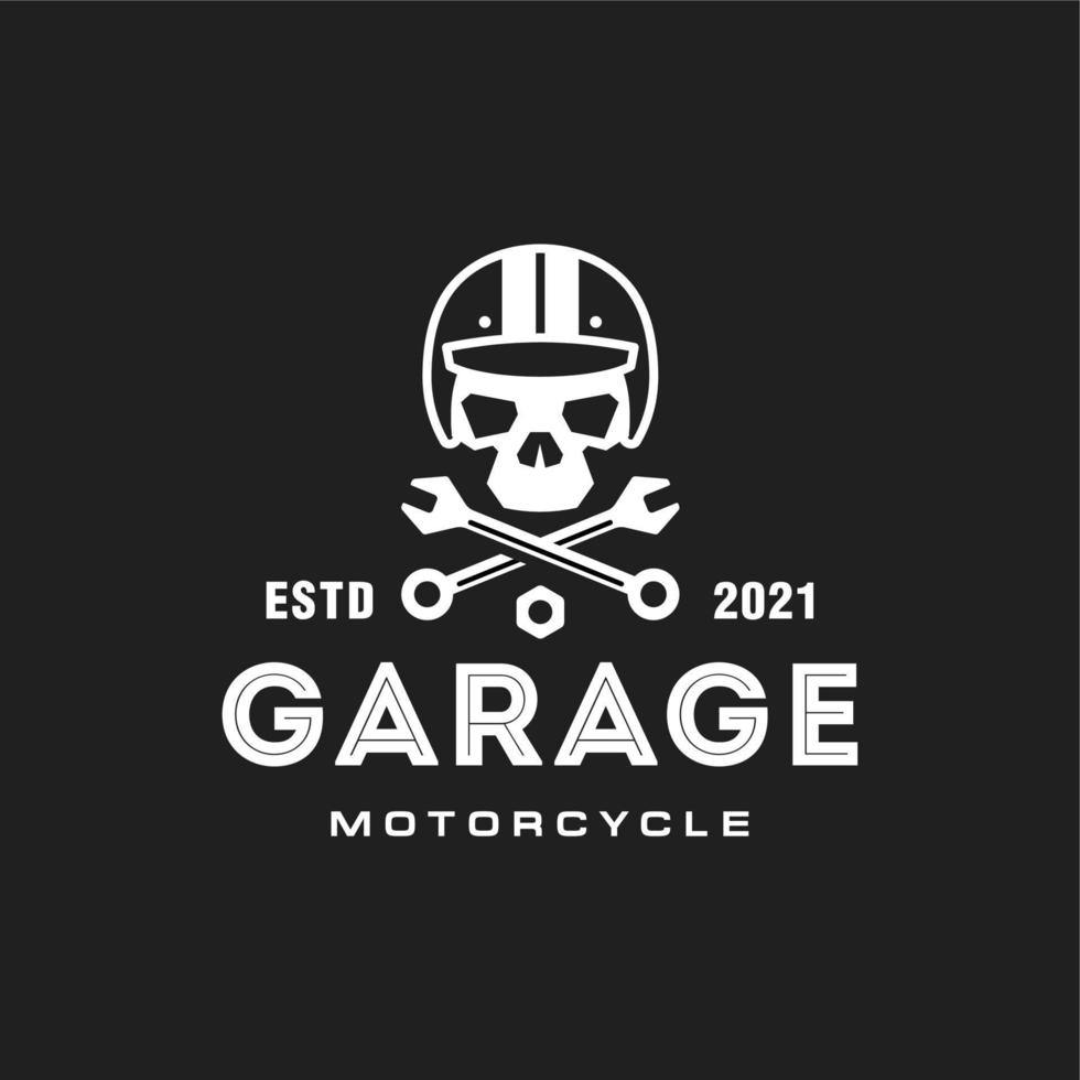 hipster classic garage logo, skull wearing helmet motorcycle club logo vector icon in black background. vintage retro style custom skeleton logo