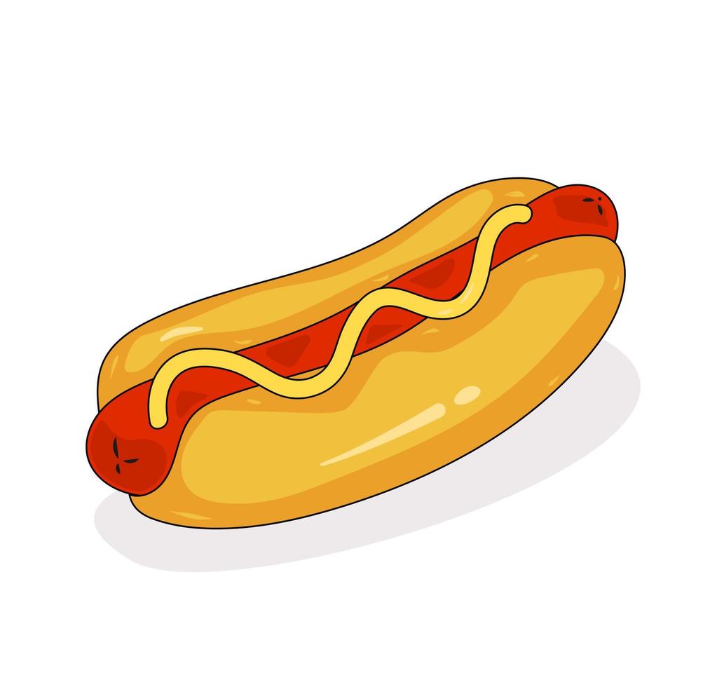 Hot-Dog with tomato and salad. Vector flat illustration.