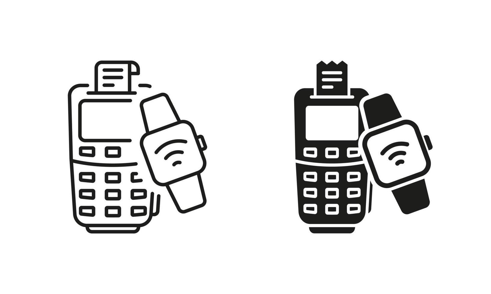 Smartwatch and Bank Terminal Wireless Payment Line and Silhouette Icon Set. Pay by Smart Watch for Purchase Pictogram. POS and Electronic Bracelet Symbol Collection. Isolated Vector Illustration.