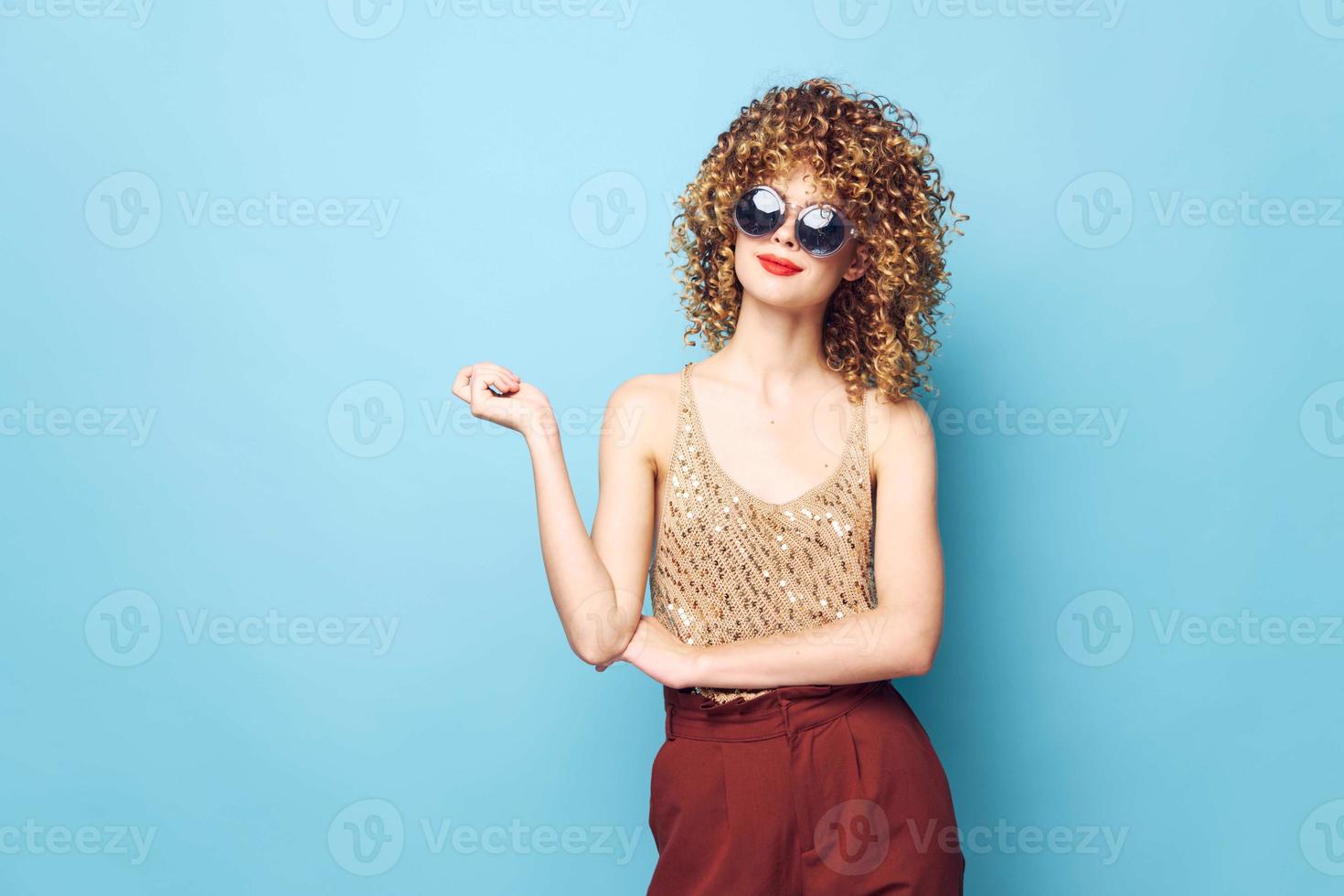 Charming model Red lips dark glasses attractive look sequin shirt photo