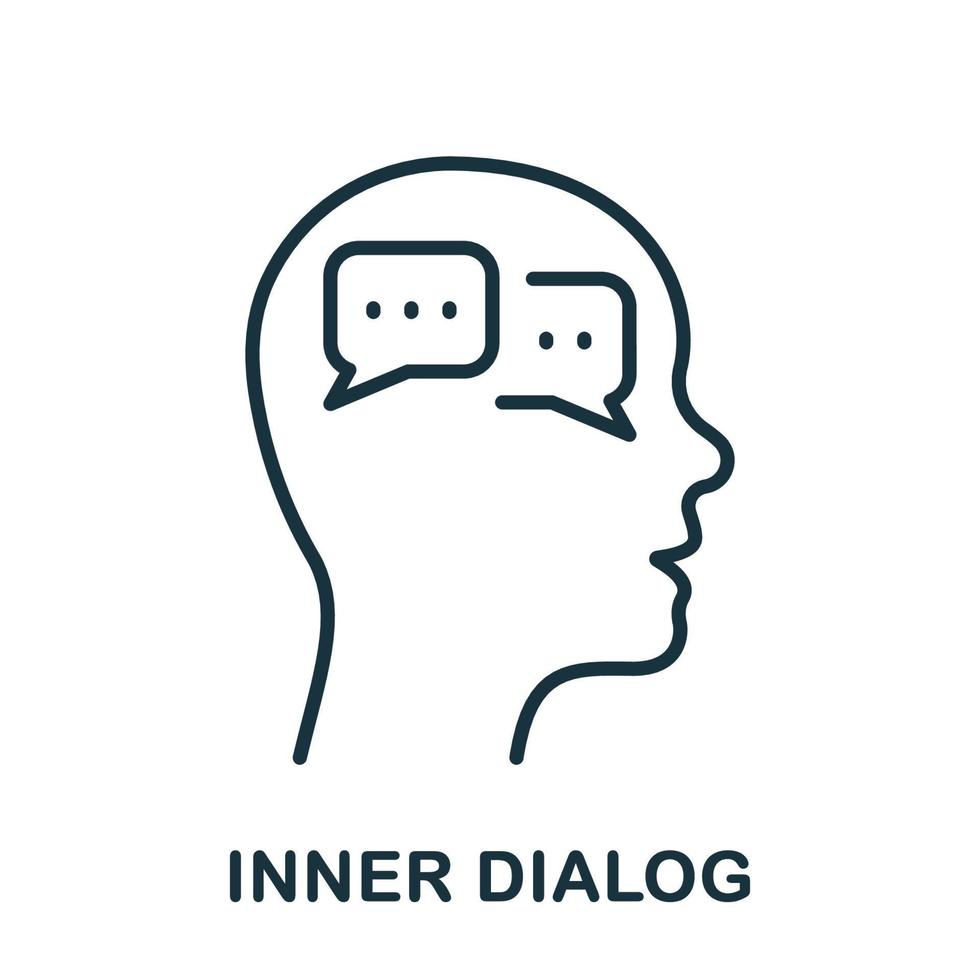 Inner Dialog in Human Head Line Icon. Person's Internal Conversation Linear Pictogram. Dialog with Yourself Outline Sign. Intellectual Process Symbol. Editable Stroke. Isolated Vector Illustration.