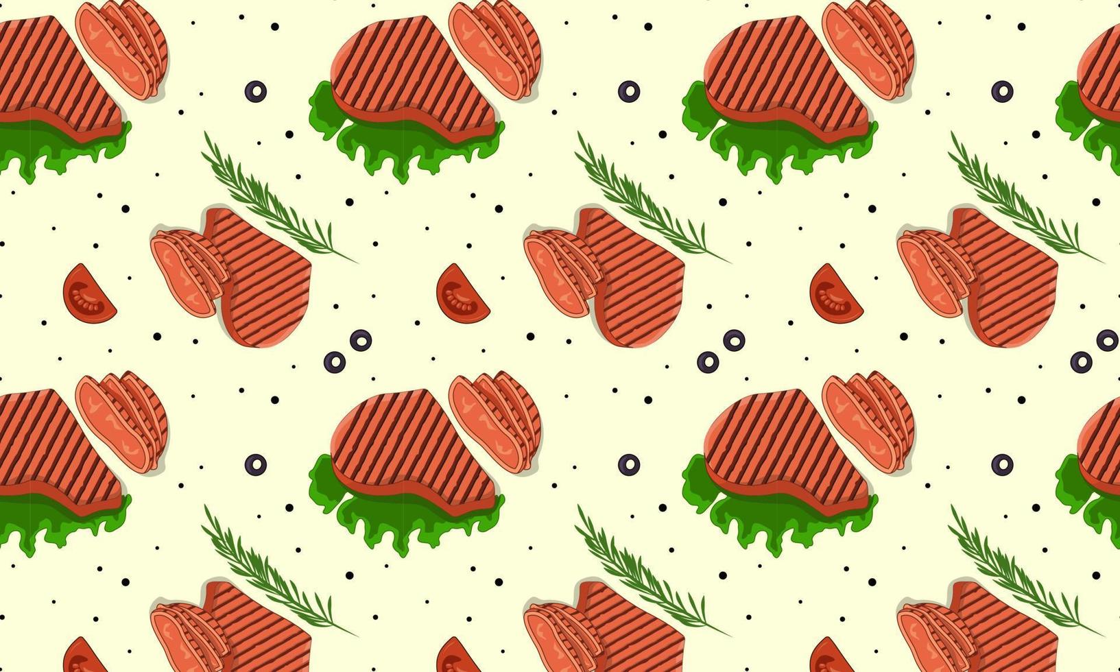 Pattern steak, lettuce, tomato, olives and rosemary vector