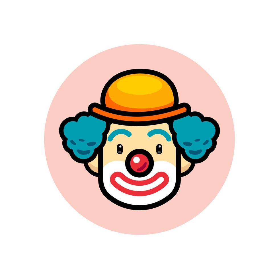 Joker clown smile vector illustration mascot with blue hair wig, make up and hat. Red nose happy joker head cartoon. jester funny Character art